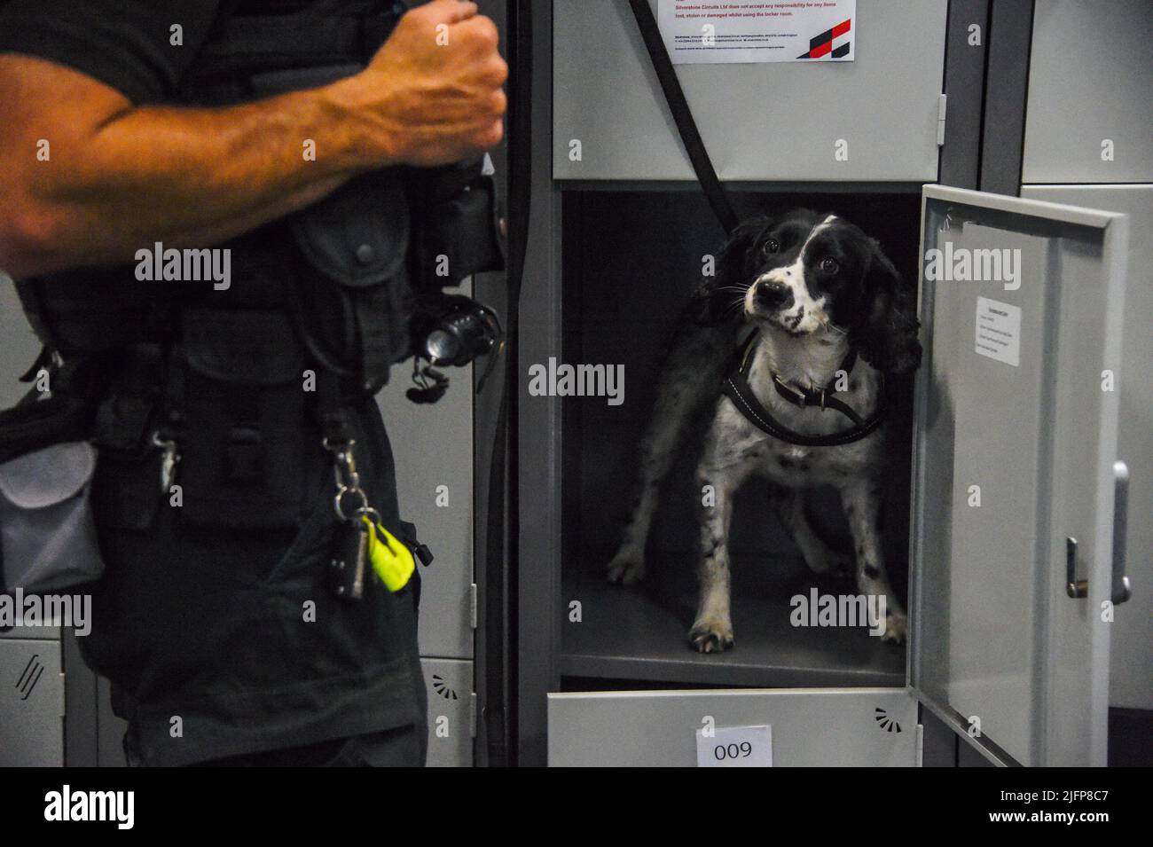 Silverstone, Royaume-Uni. 04th juillet 2022. SILVERSTONE, Angleterre, 03. JUILLET 2022; chien de recherche de drogue avec garde, contrôle d'un casier, Formule un, GRAND Prix BRITANNIQUE F1 sur le circuit de Silverstone - Formel 1 Grosser Preis von England, 03. JUILLET 2022 - image, photo et Copyright © Anthony STANLEY/ATP images (STANLEY Anthony/ATP/SPP) crédit: SPP Sport Press photo. /Alamy Live News Banque D'Images