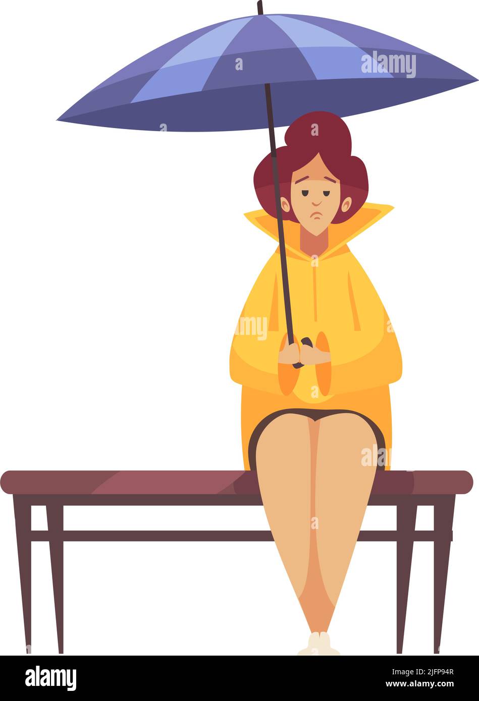 Composition de pluie de mauvais temps avec caractère isolé de la triste femme assise sur le banc avec l'illustration de vecteur de parapluie Illustration de Vecteur