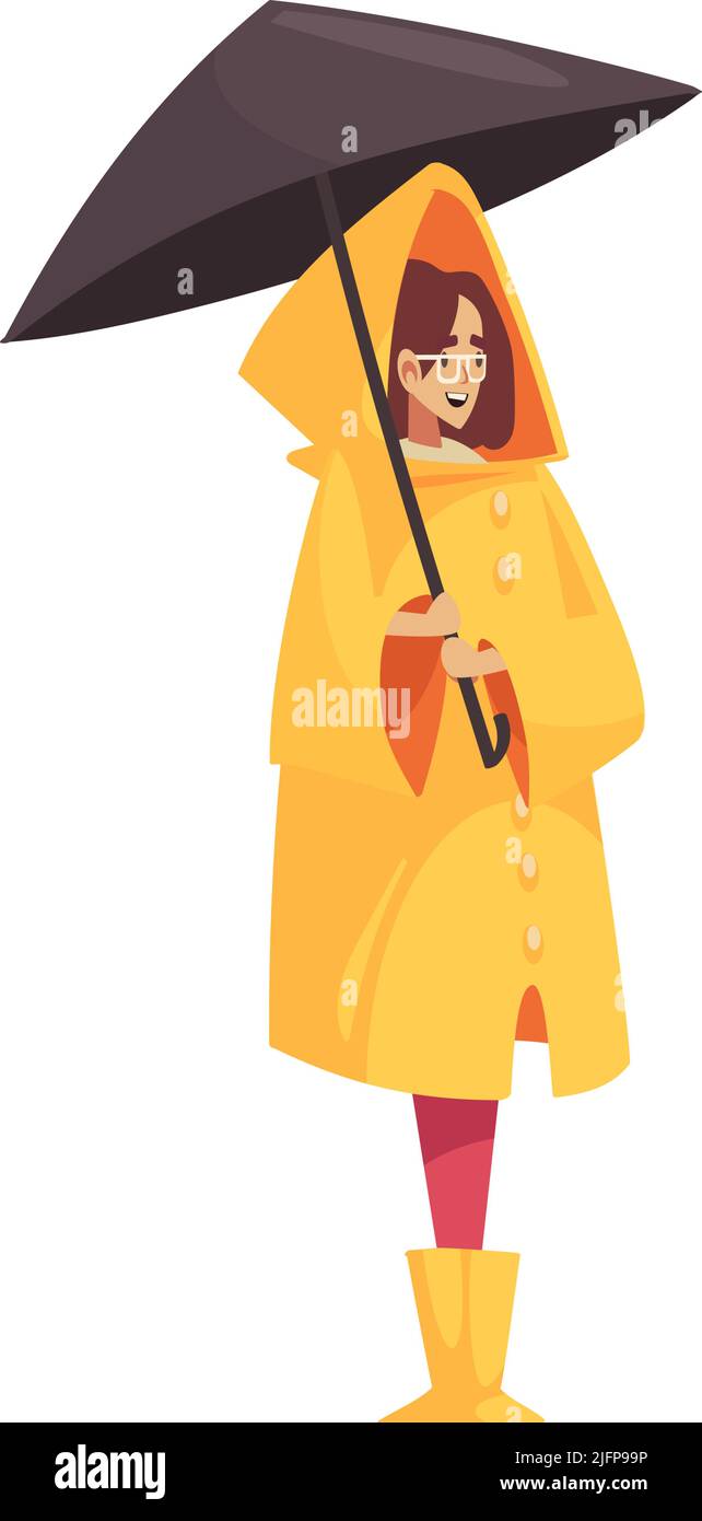 Composition de pluie de mauvais temps avec caractère isolé de femme portant un imperméable tenant parapluie illustration vectorielle Illustration de Vecteur