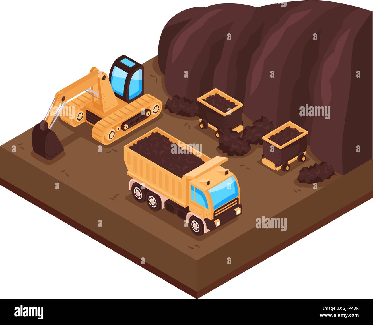 Composition isométrique des ressources naturelles de l'environnement avec vue de la fosse ouverte avec illustration vectorielle de camion et de pelle hydraulique Illustration de Vecteur