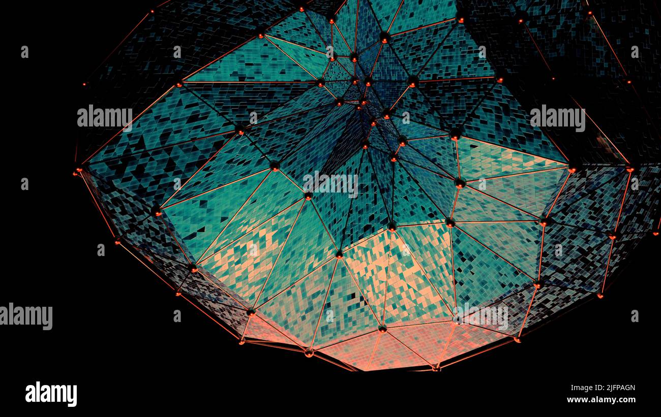 Arrière-plan noir.conception. Une figure géométrique bleue au format 3D qui oscille les triangles vers l'avant dans l'abstraction. Banque D'Images
