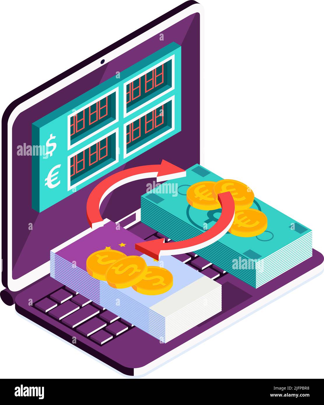 Composition isométrique de banque mobile en ligne avec des icônes d'échange d'ordinateur portable et de modes de paiement illustration vectorielle Illustration de Vecteur
