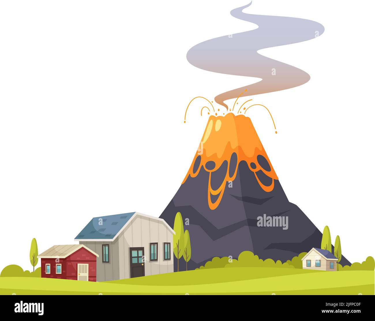 Composition de caricatures de catastrophes naturelles avec vue sur les maisons vivantes et illustration du vecteur volcanique en éruption Illustration de Vecteur