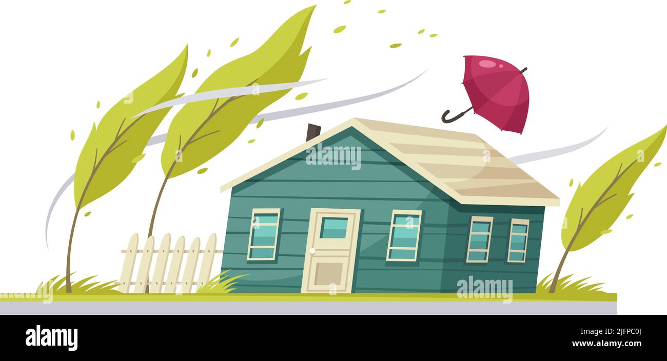 Composition de dessin animé de catastrophe naturelle avec des arbres de maison hodés de tête et un parapluie volant dans l'illustration de vecteur de vent Illustration de Vecteur