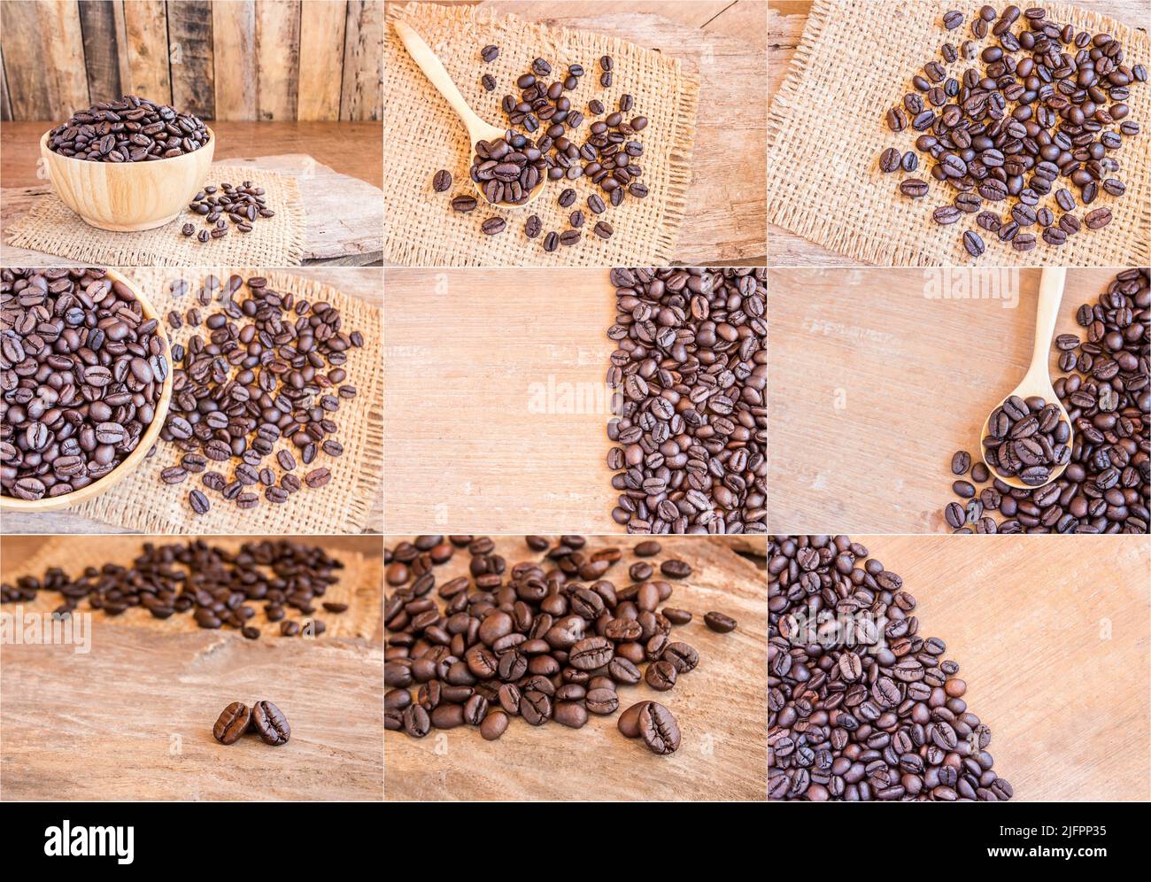 Ensemble de grains de café torréfiés sur fond de bois Banque D'Images