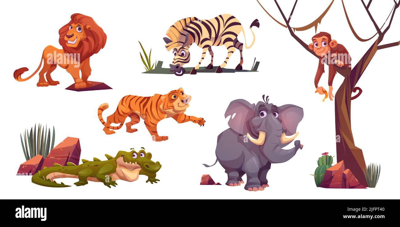 Dessins animés animaux sauvages tigre, singe, zèbre et lion avec éléphant et crocodile. Les habitants de la jungle prédateurs et herbivores dans le zoo ou le parc de safari. Bêtes dans la faune, ensemble d'illustrations vectorielles isolées Illustration de Vecteur