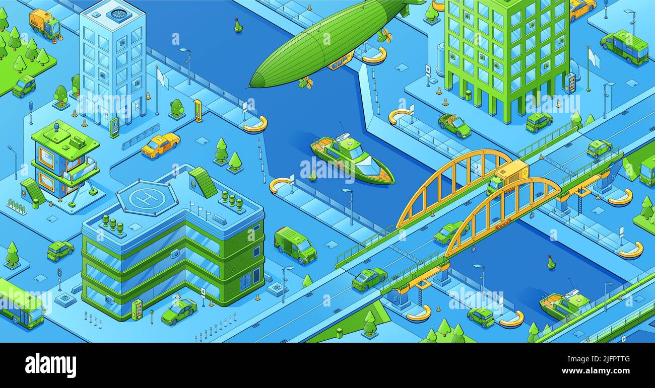 Paysage urbain isométrique, carte de la ville avec bâtiments, transport dans les rues, ponts au-dessus de la rivière et navire de vol. Illustration vectorielle de l'infrastructure urbaine, quartier avec maisons, routes, voitures Illustration de Vecteur