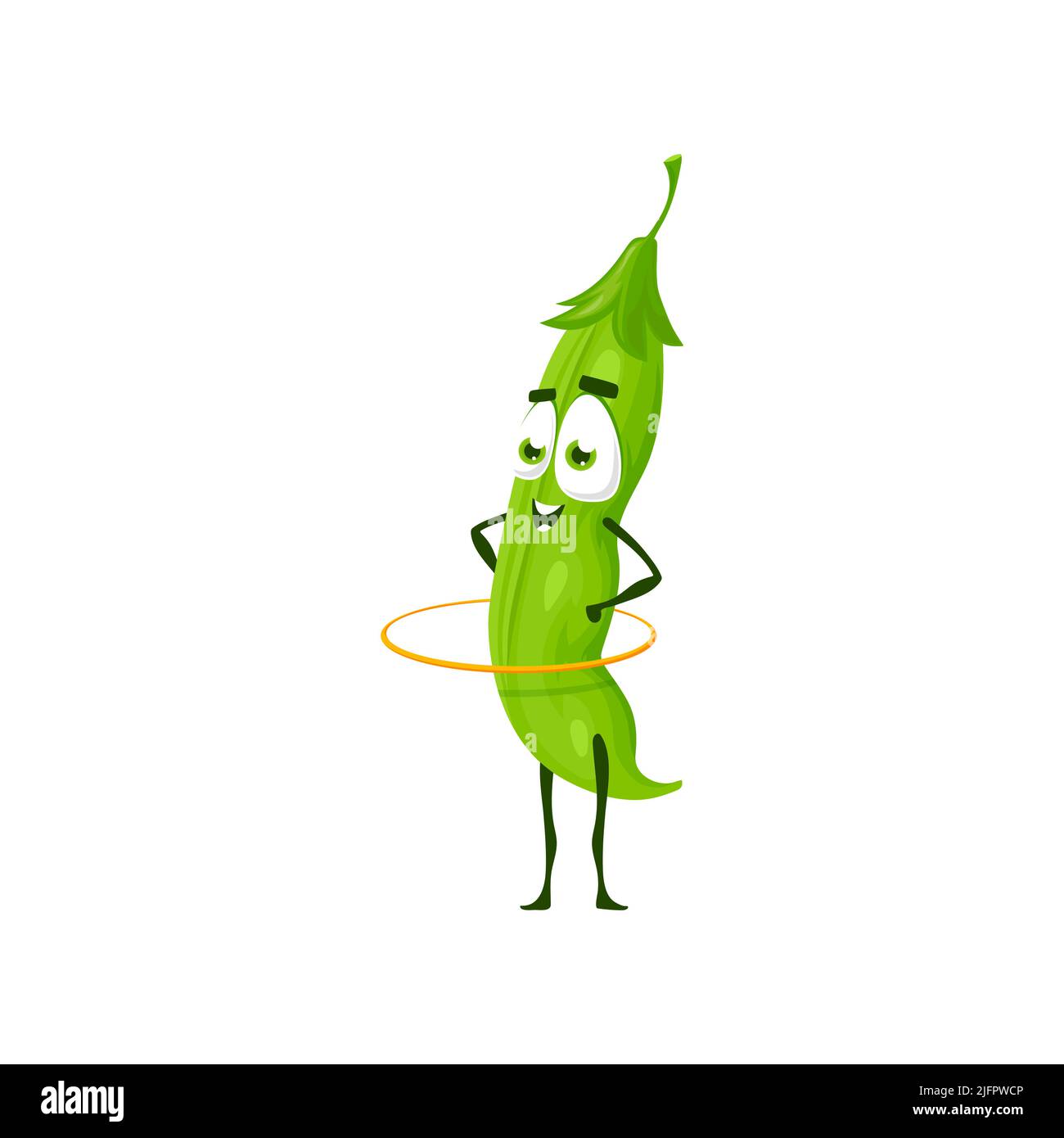 Personnage de dessin animé de légumes de pois, personnage de veggie vecteur sur le sport et la forme physique. Drôle mignon icône de pois verts avec hula hoop, nourriture naturelle biologique et vitamine veggie sur l'entraînement sportif Illustration de Vecteur