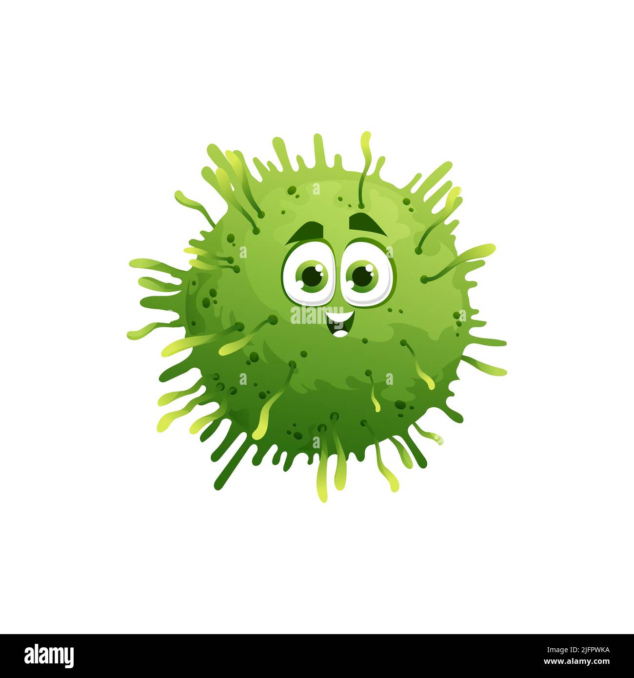 Caricature coronavirus caractère vecteur vert drôle cellule de covid19 virus, bactéries ou germe avec visage souriant, grands yeux et excroissances. Monstre microbe pathogène, mascotte corona isolée, personnage mignon Illustration de Vecteur