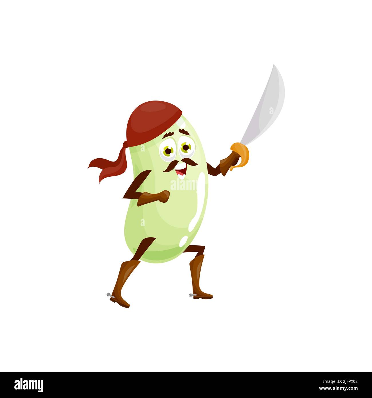 Personnage de dessin animé de super héros de haricots végétariens en bandana avec épée émoticône de légumes sains isolés, nutrition graine emoji combat. Légume de haricot vectoriel avec les mains et la jambe, héros comique de superfood Illustration de Vecteur