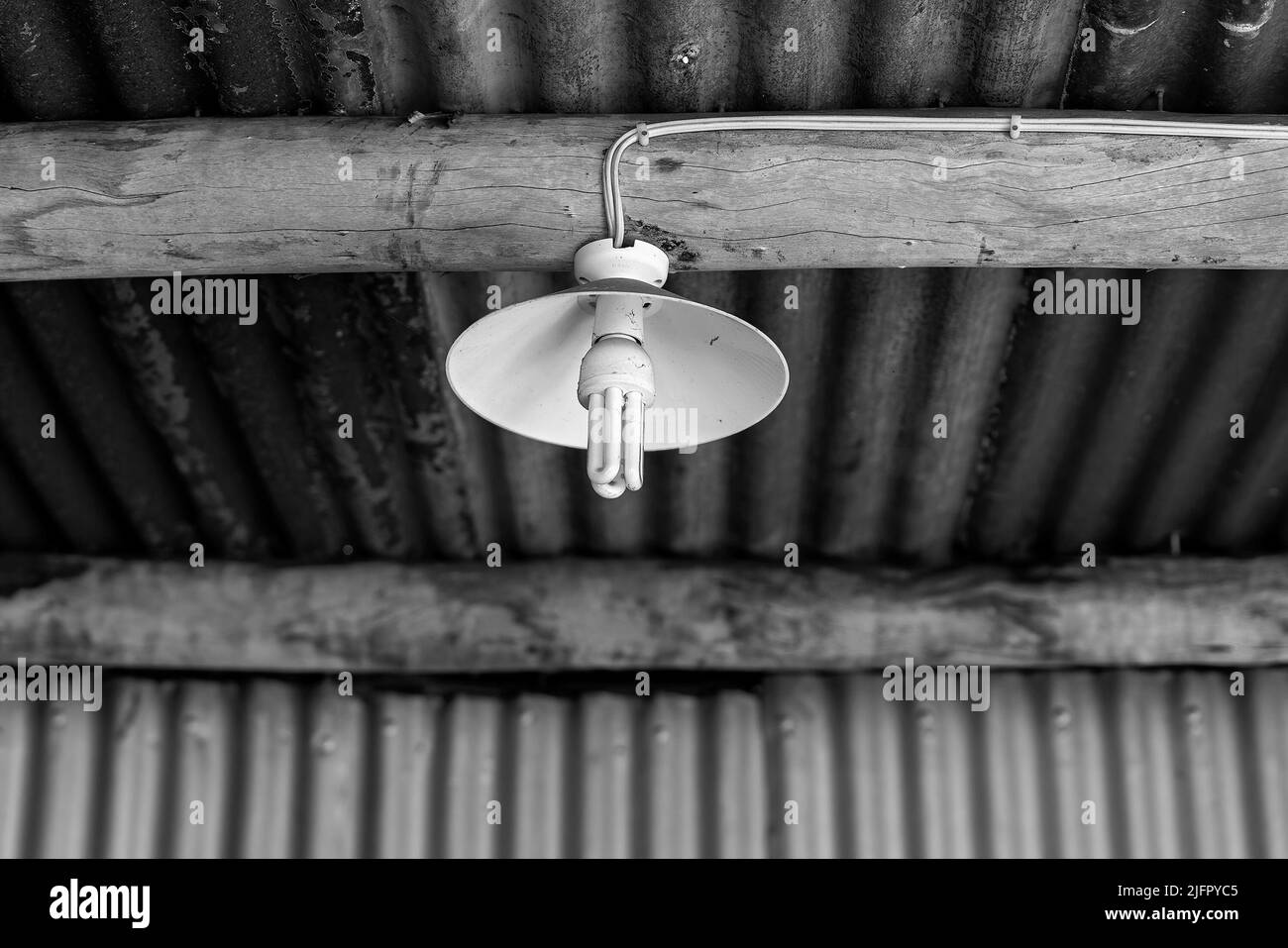 Abat-jour lumineux vintage sur plafond non doublé ondulé d'époque d'une ancienne hutte de mineurs de saphir abandonnés sur les champs de gemmes australiens. Banque D'Images