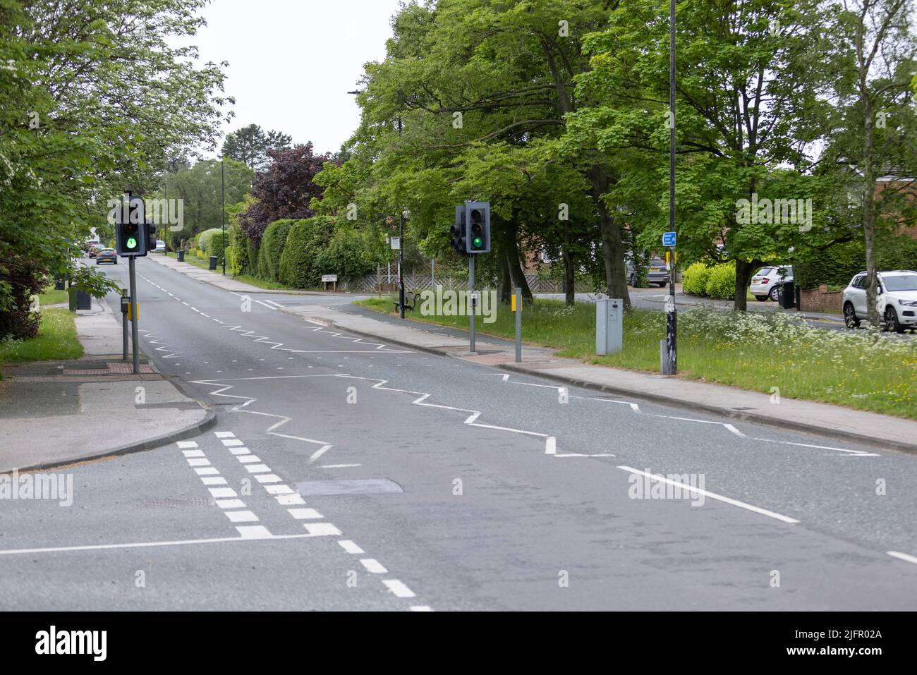 Route publique vide à Harrogate, dans le Yorkshire, avec feux de signalisation et marquages de rue entourés d'arbres Banque D'Images