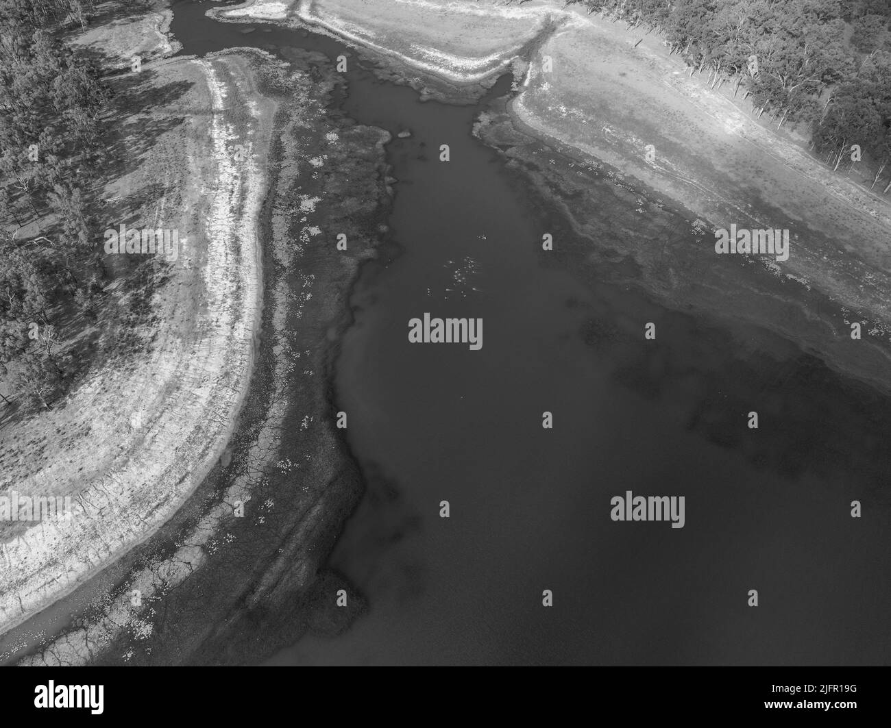 Un troupeau d'oiseaux survolant une partie de la zone de confinement d'eau du barrage d'Eungella, Queensland, Australie. Textures et motifs dans l'eau visibles en raison Banque D'Images