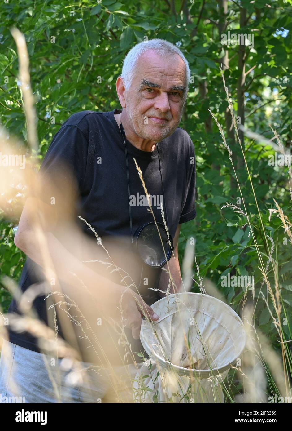 PRODUCTION - 27 juin 2022, Brandebourg, Güstebieser Loose: Peter Herbert, coléoptériste, attrapant des coléoptères dans la nature dans l'Oderbruch. Peter Herbert a exploré le patrimoine culturel européen de l'Oderbruch d'une manière très spéciale. Depuis des décennies, l'agriculteur formé collecte et prépare des scarabées indigènes de sa maison d'adoption. Il a légué sa collection régionale de milliers de spécimens à l' Institut entomologique allemand . (À dpa 'The big sparch in the Oderbruch') photo: Patrick Pleul/dpa Banque D'Images