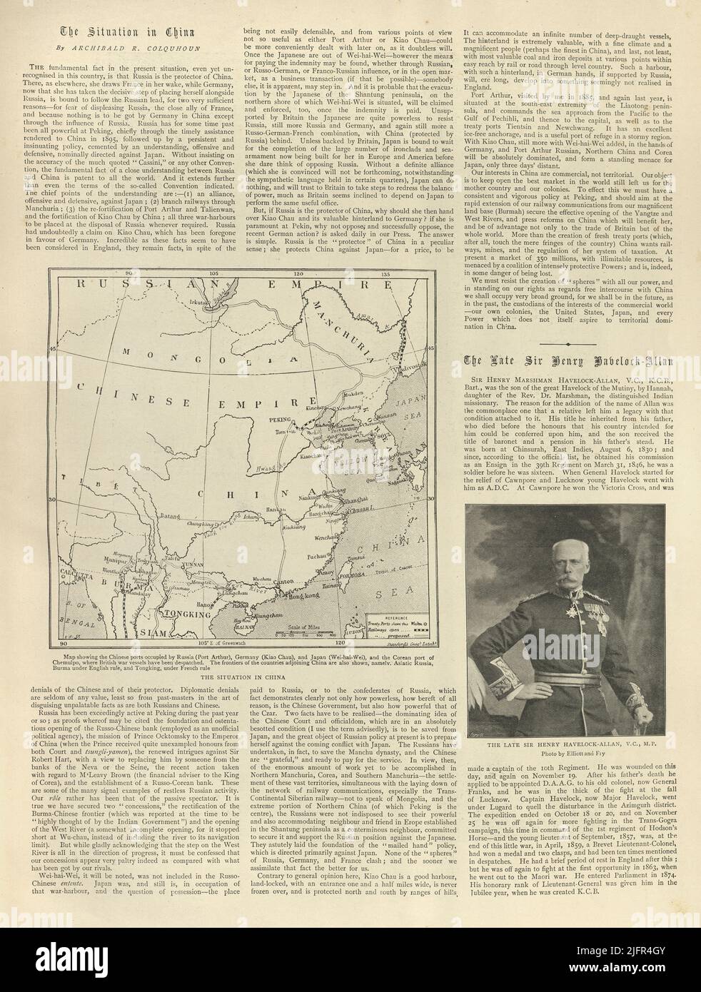 Page de journaux vintage, 1898, situation en Chine, carte Empire chinois, général Sir Henry Havelock-Allen Banque D'Images