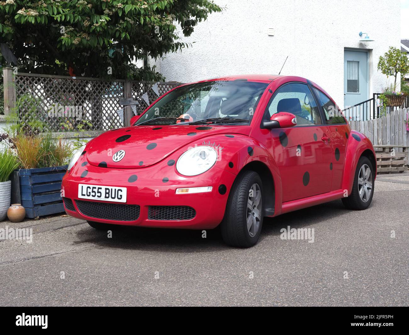 Un nouveau coléoptère VW rouge vif avec des taches noires, ressemblant à une coccinelle, garé à côté d'un jardin par temps ensoleillé. Banque D'Images