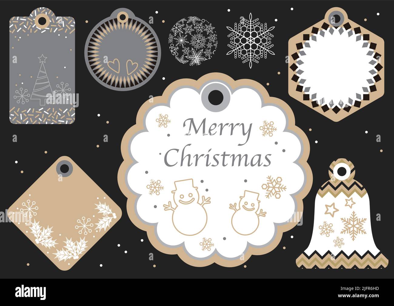 Ensemble d'étiquettes cadeau de Noël isolées sur fond noir. Illustration du vecteur de style plat. Illustration de Vecteur