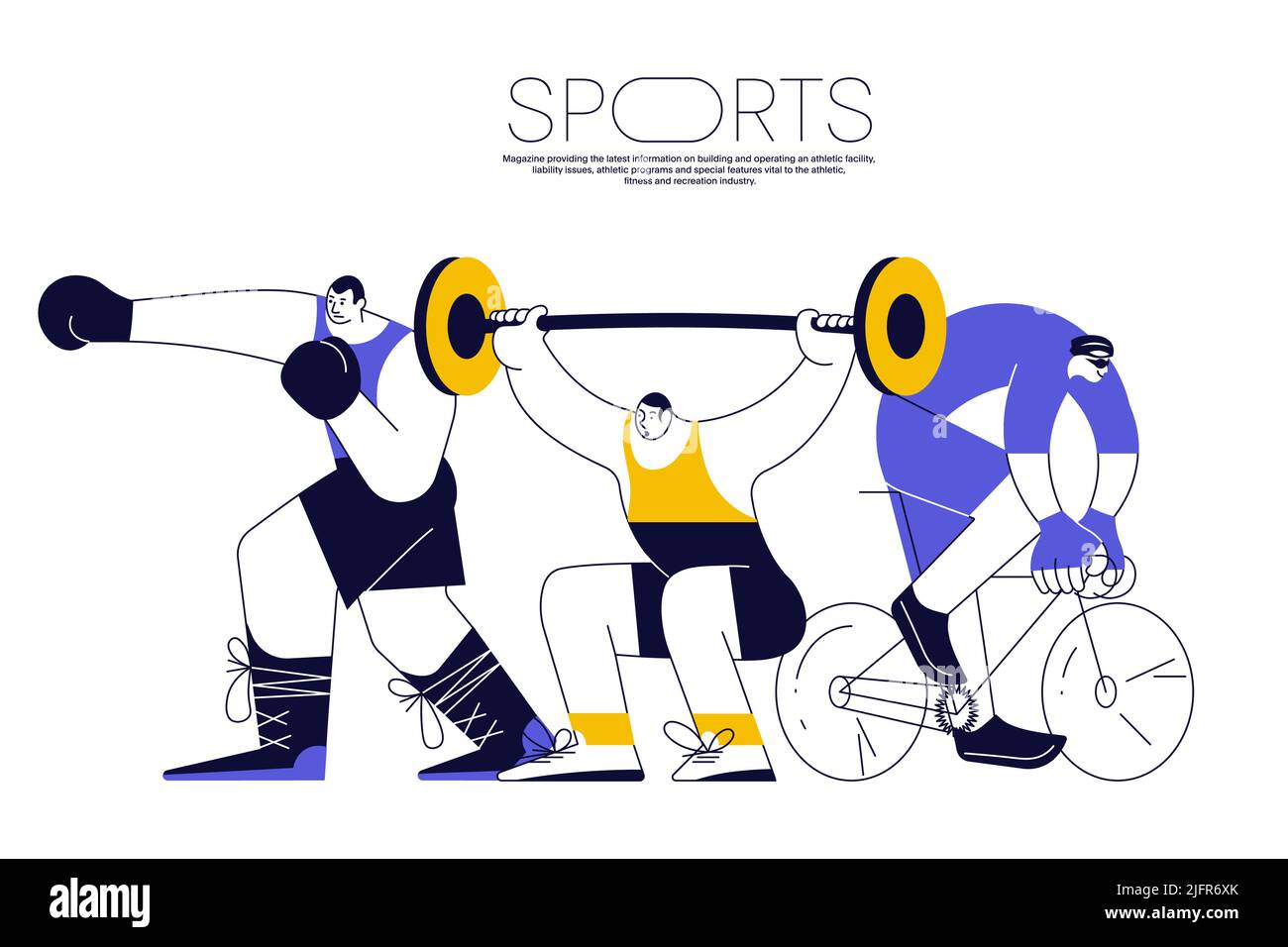 Bannière sportive avec athlète cycliste, haltérophilie et boxeur sur fond blanc. Différents hommes et sportifs isolés. Illustration de vecteur d'art plat Illustration de Vecteur