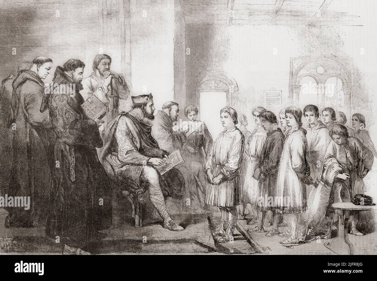 Alfred le Grand instruisant des enfants saxons. Alfred le Grand, 848/849 – 899. Roi des Saxons de l'Ouest de 871 - c. 886 et Roi des Anglo-Saxons c. 886 - 899. De l'Univers illustrae, publié Paris, 1859. Banque D'Images