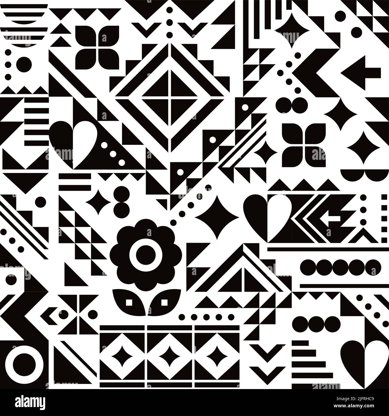 Motif vectoriel sans couture inspiré de Bauhaus avec coeurs, fleurs et formes géométriques dans un design abstrait moderne noir et blanc Illustration de Vecteur