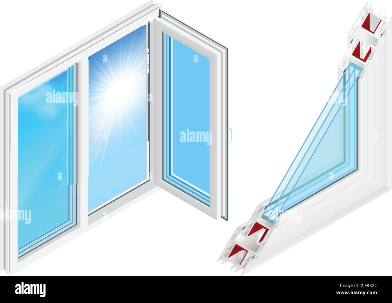 Conception d'installation de fenêtres en plastique avec boîtier ouvert et profil de section isométrique éléments colorés illustration vectorielle isolée Illustration de Vecteur