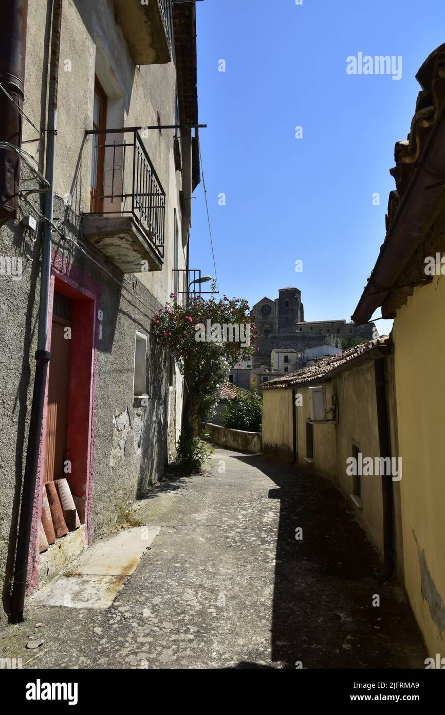 Une photo verticale de la rue étroite et des anciens bâtiments du village d'Altomonte, région Calabre, Italie Banque D'Images