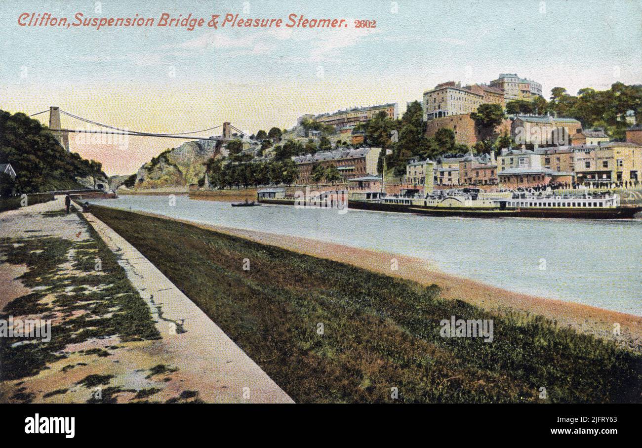 Carte postale ancienne intitulée « Clifton, pont suspendu et bateau à vapeur de plaisance ». Bristol, Angleterre Banque D'Images