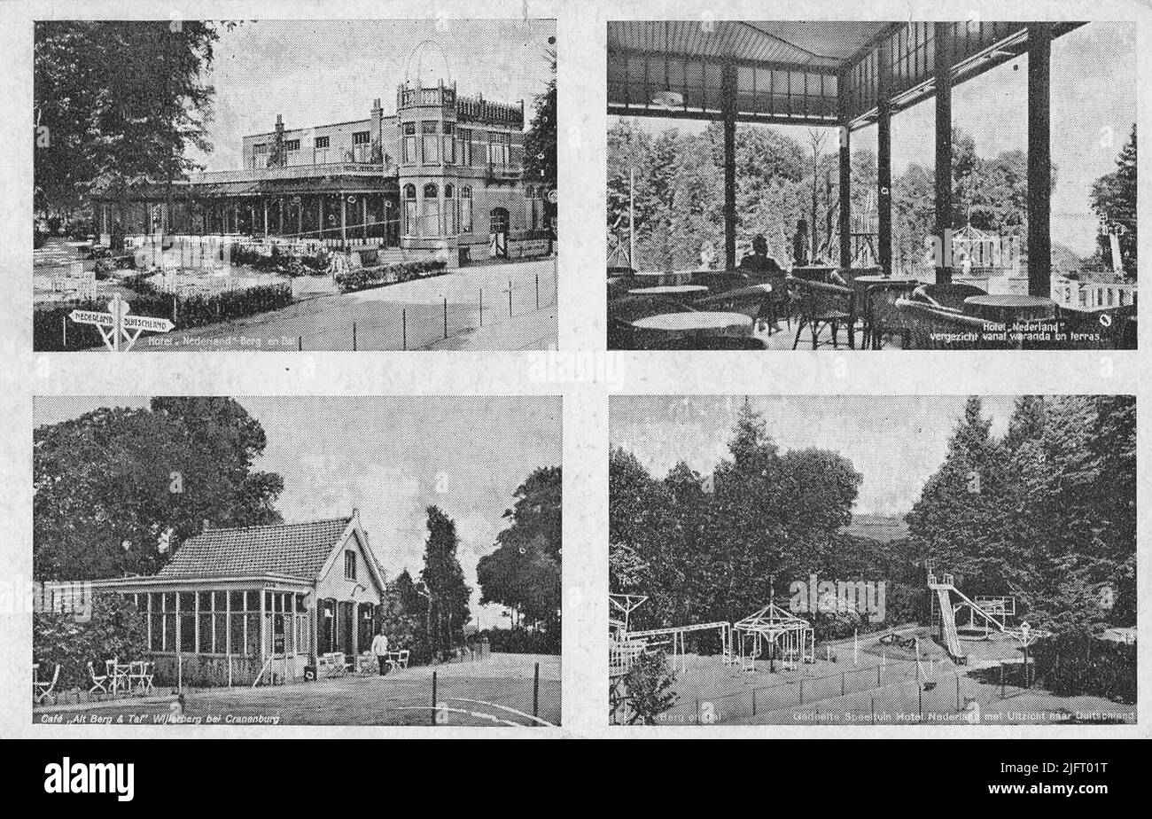 Hôtel Nederland (du côté néerlandais de la frontière), terrain de jeu (du côté allemand de la frontière), Cafe Alt Berg & Tal (Wylerberg) et vue de Terras et Waranda Hotel Nederland Banque D'Images