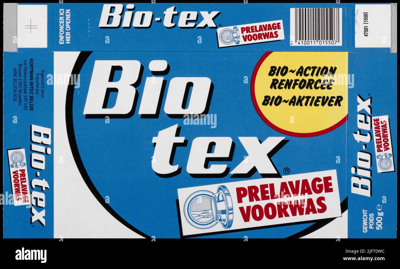 Biotex Prelavage/Voorwasbio-action Renforcee/Bio-action poids/GOUSSES 500G47501 (1550) introduit par/Importé par: Kortman-Intec Belgique 'avec indications de lavage et de dosage. Banque D'Images