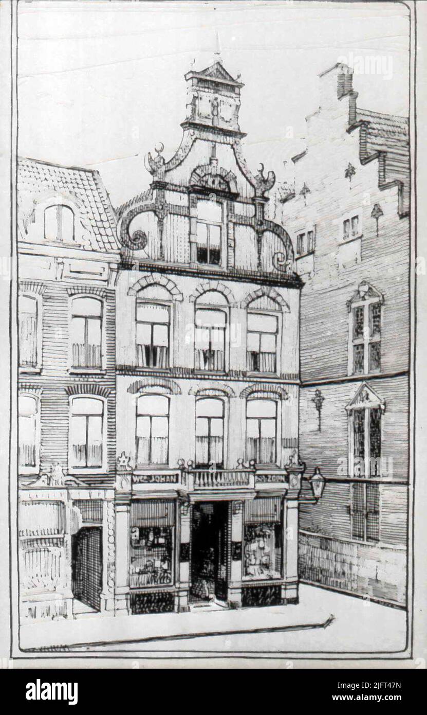 Dessin d'une ancienne façade de Banketbakkerij Rups (Vredeman de Vries - style). À droite de Lange Nieuwstraat Banque D'Images