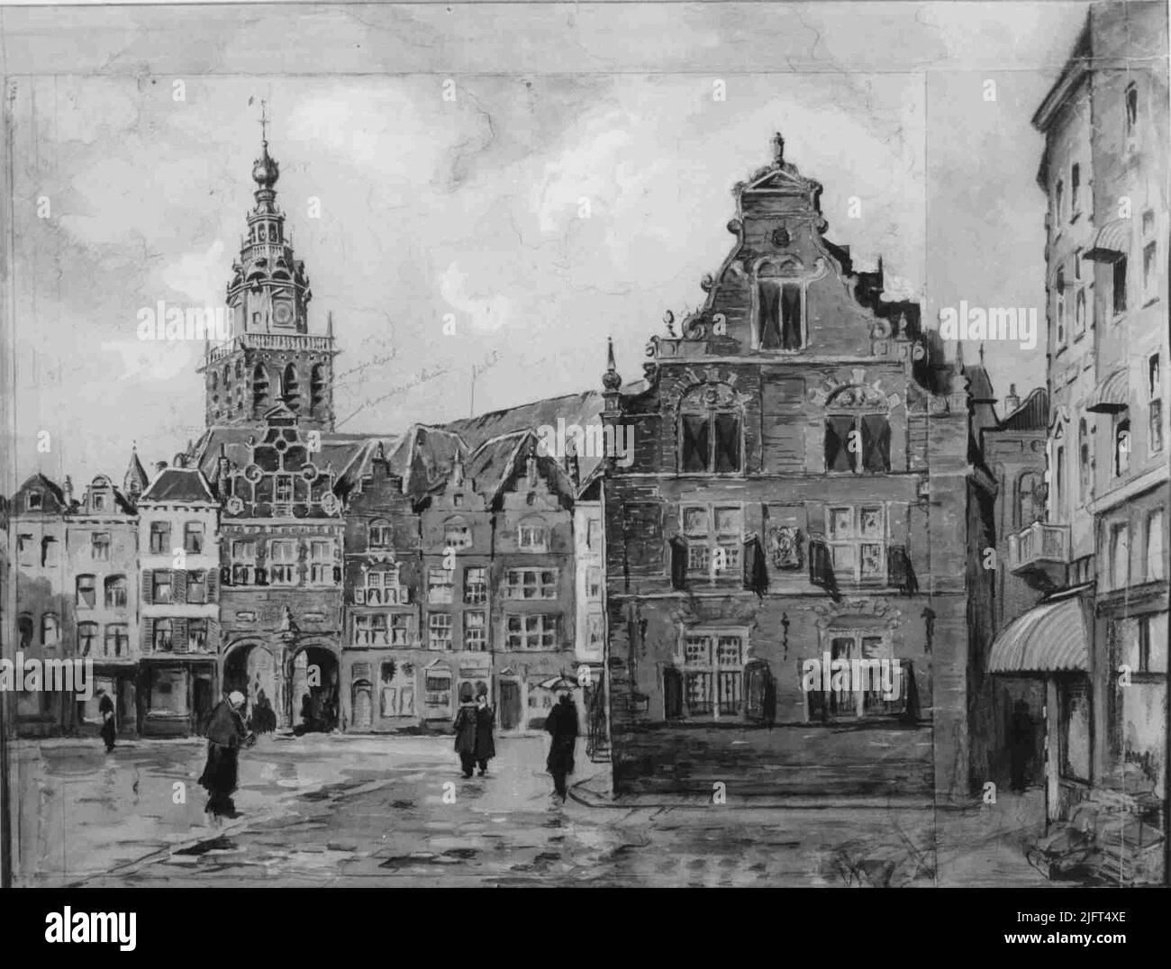 Photo d'une aquarelle de W.J. Dingemans, de St. Stevenskerk et de Waaggebouw Banque D'Images