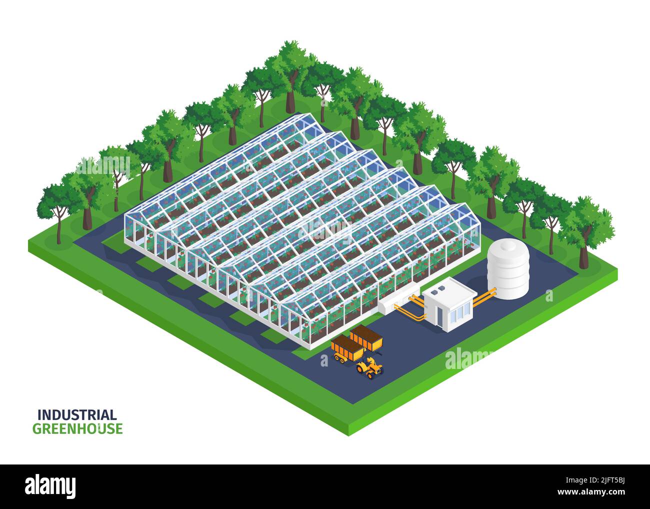 Composition isométrique de serre avec titre de serre industrielle et grand nombre de lits à l'intérieur de l'illustration vectorielle Illustration de Vecteur