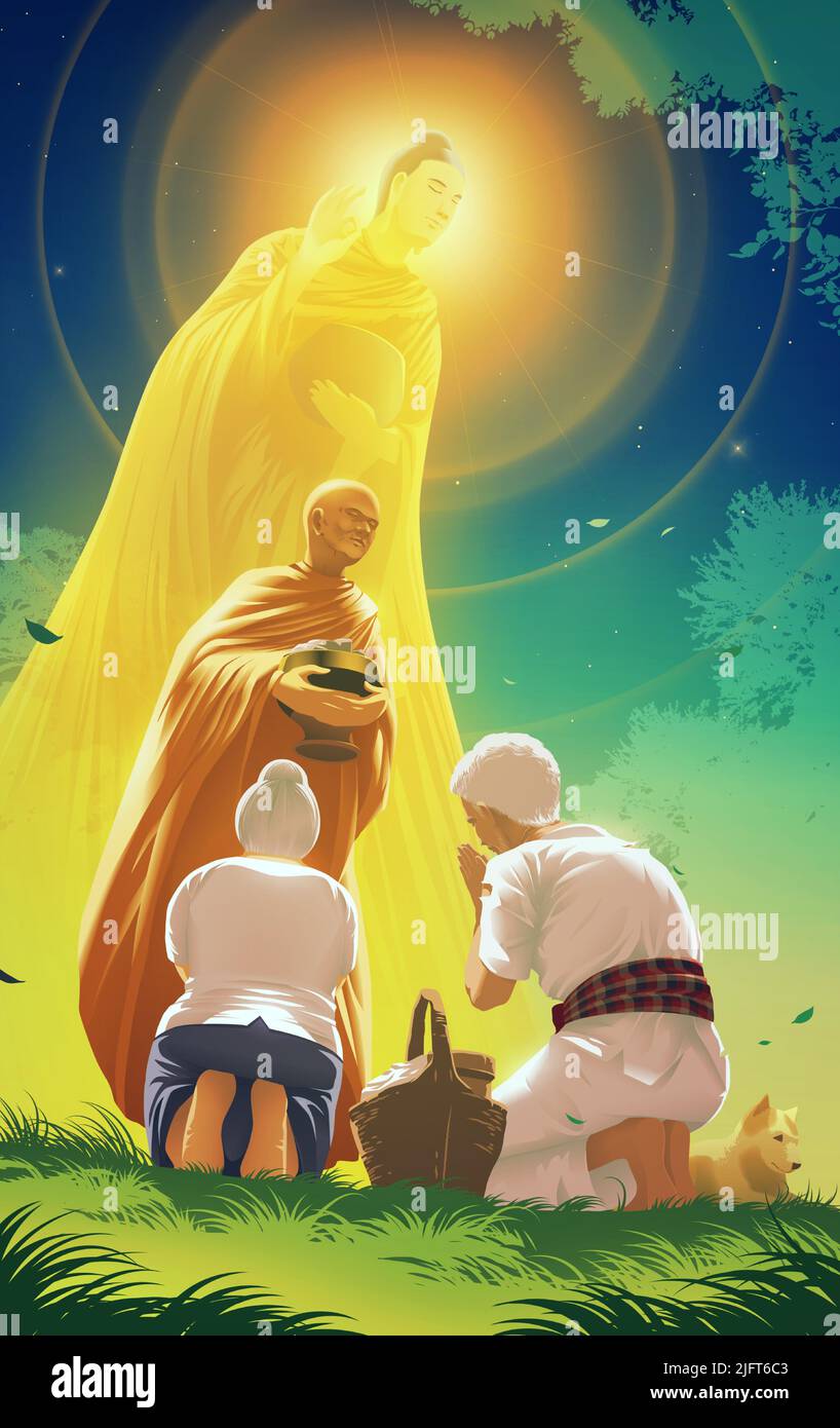 Illustration vectorielle dans Theravada le bouddhisme d'un moine donne une bénédiction à un vieil homme et à une vieille femme pour leur offrande à un moine avec l'image Illustration de Vecteur
