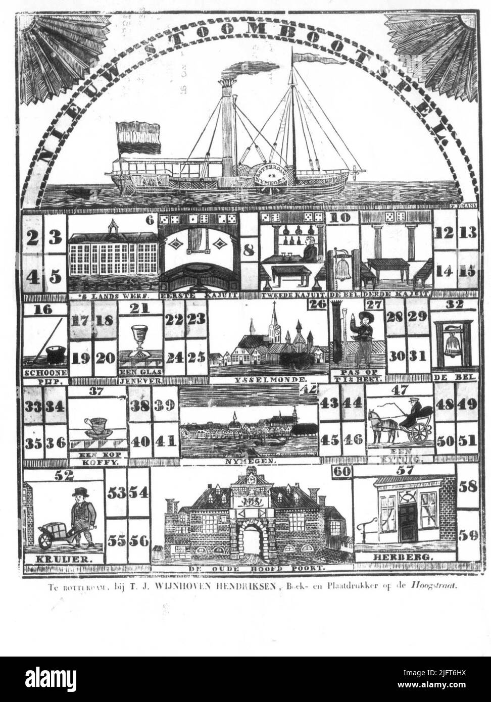 Un jeu de bateaux à vapeur; le texte: 'Rotterdam et Nimègue' est lisible sur le Raderhuis du bateau à vapeur; sujet n°: 42: La face du nord sur Nimègue. Fabriqué à Rotterdam, par T.J. Wijnhoven Hendriksen, imprimante de livres et de feuilles sur Hoogstraat. Banque D'Images