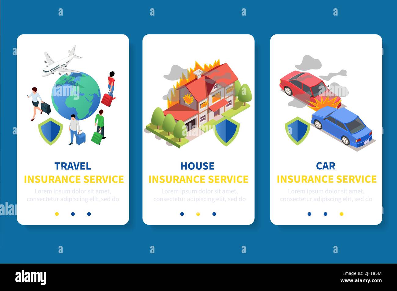 Application d'assurance conception ensemble isométrique de trois bannières verticales avec des images de boutons de changement de page et une illustration de vecteur de texte Illustration de Vecteur