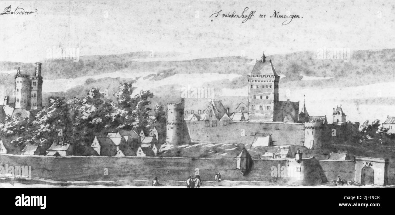 Un dessin de stylo en brun rougeâtre lavé par Jacob v.d. Ulft (1621-18-11-1689), représentant de Valkhofburcht avec la Belvédère à gauche Banque D'Images