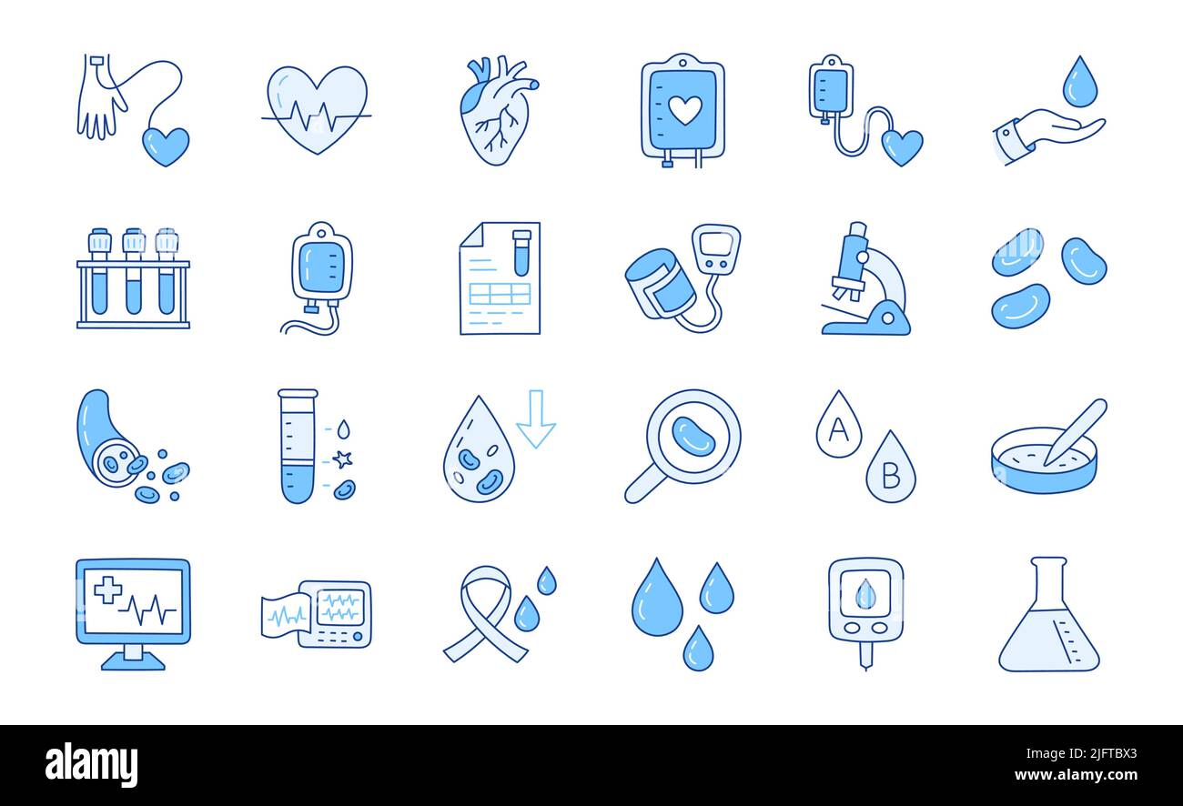 Illustration de sang médical avec icônes - transfusion, sphygmomanomètre, glucomètre, cardiologie, microscope, tube de laboratoire. Illustration fine Illustration de Vecteur