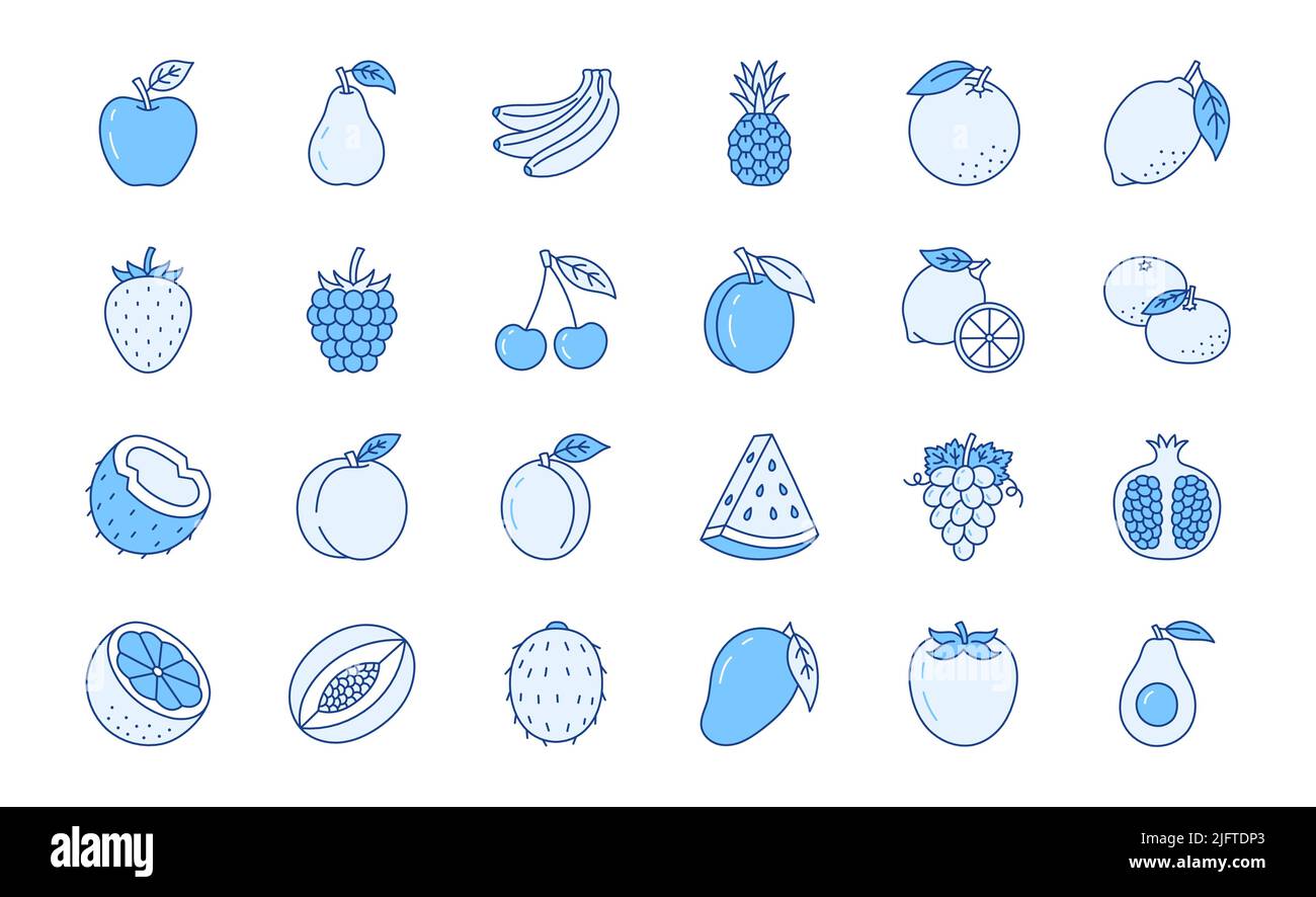 Illustration des fruits et des croûtes de baies avec icônes - fraise, pomme, ananas, framboise, grenade, avocat, noix de coco. L'art sur les traits fins Illustration de Vecteur