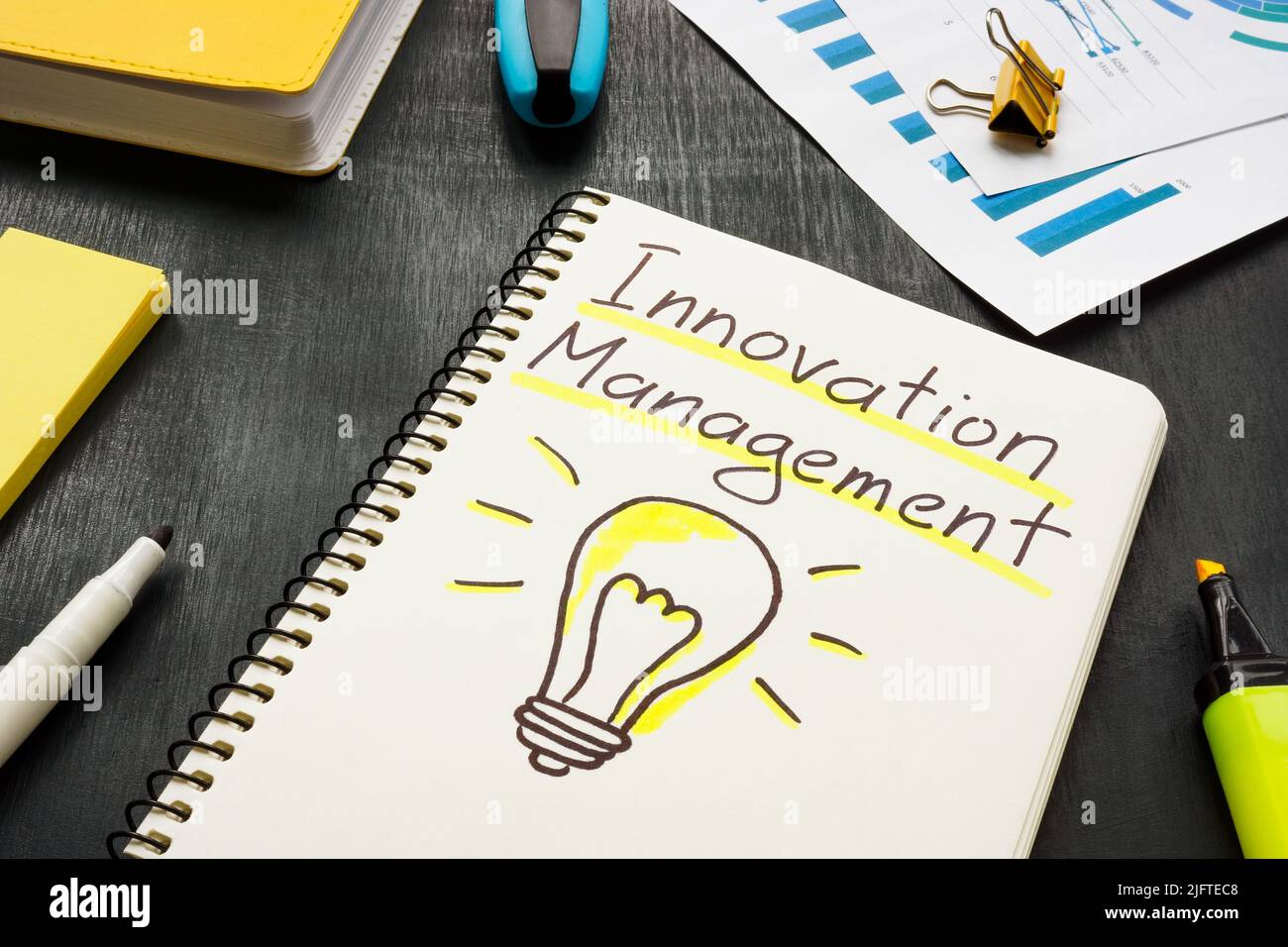 Mots de gestion de l'innovation sur la page et le marqueur. Banque D'Images