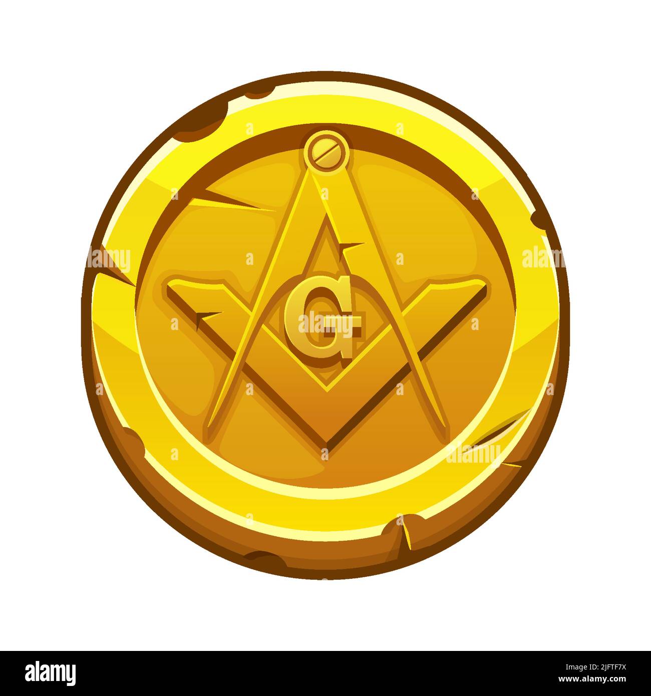 Pièce de monnaie dorée avec boussoles masoniques et carré. Vecteur symbole maçonnique, société sacrée Illustration de Vecteur