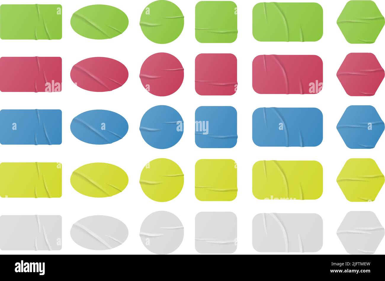 jeu d'autocollants froissés et ondulés de différentes couleurs isolés sur fond blanc, collection de modèles d'étiquettes adhésives, illustration vectorielle Illustration de Vecteur