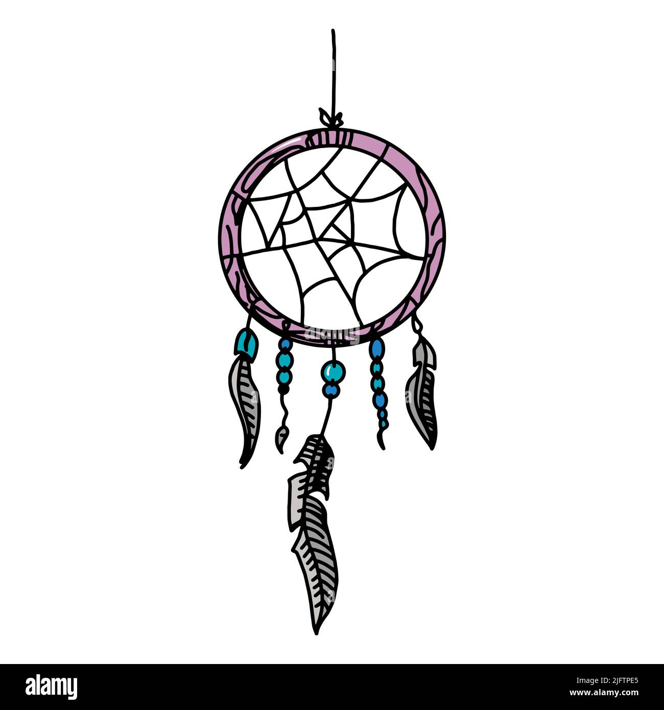 Le capcher de rêve avec des plumes, la chose rituelle haute détaillée. Esprit boho américain. Illustration vectorielle dessinée à la main pour tatouages ou imprimé t-shirt. Illustration de Vecteur