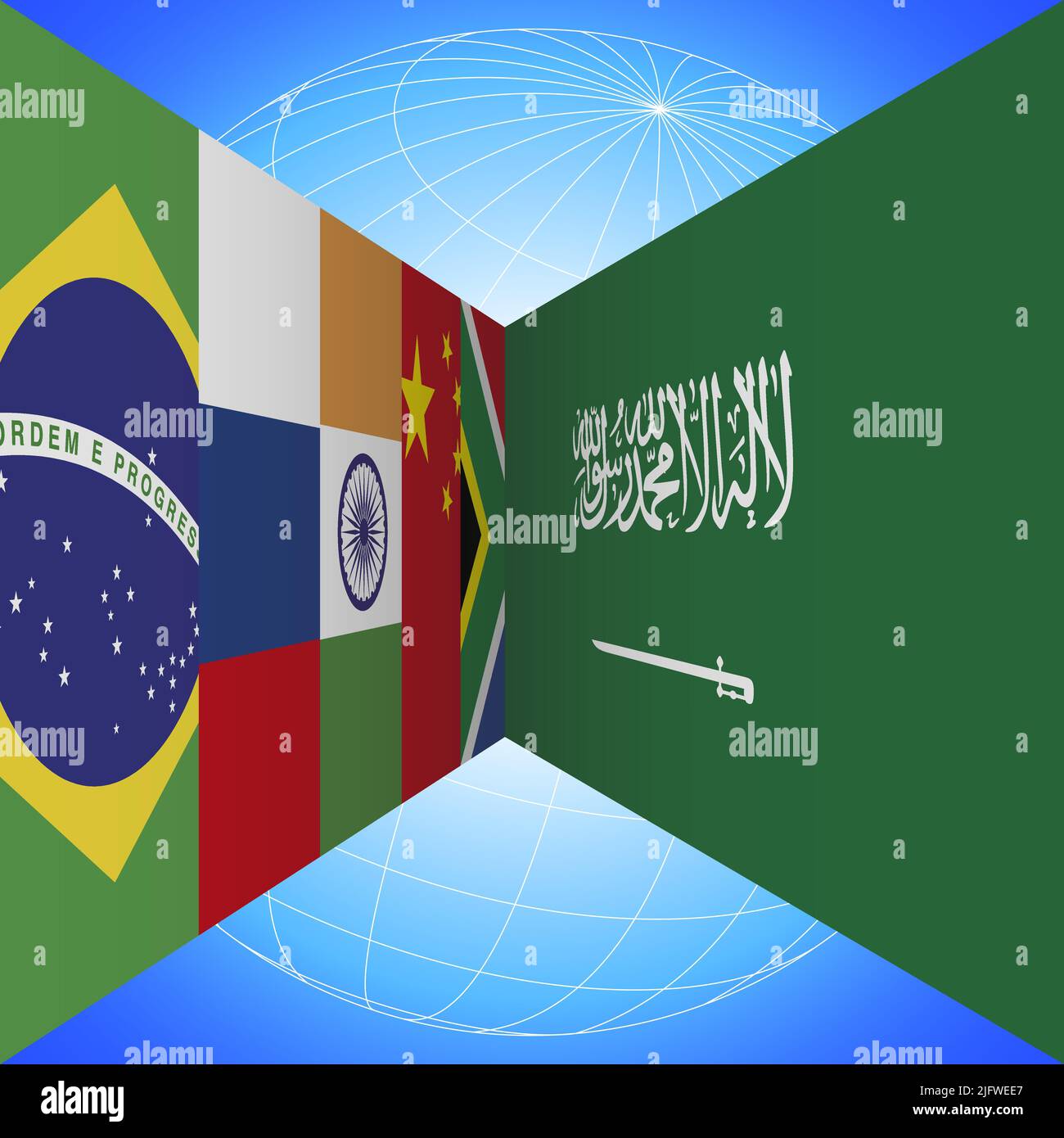 Les BRICS signalent les pays et l'Arabie Saoudite avec le globe terrestre en perspective sur fond bleu, illustration vectorielle Illustration de Vecteur