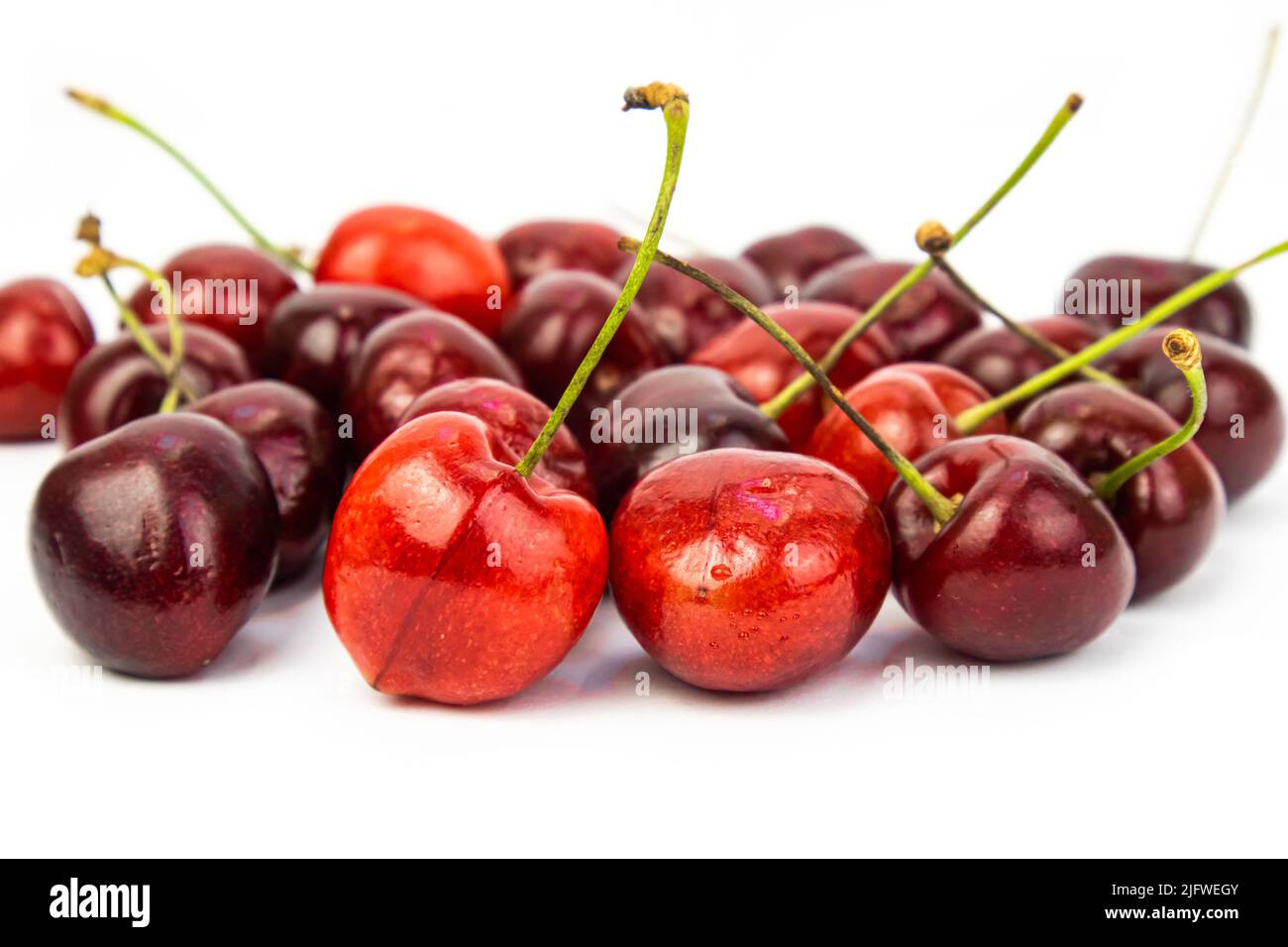 cerise douce sur fond blanc, gros plan. Récolte saisonnière de baies. Banque D'Images