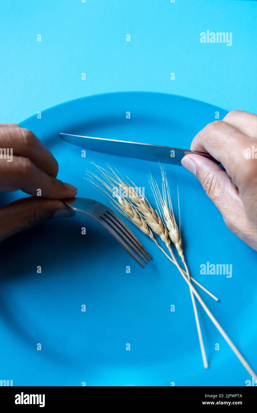 Céréales de blé sur une plaque , concept de crise alimentaire mondiale Banque D'Images