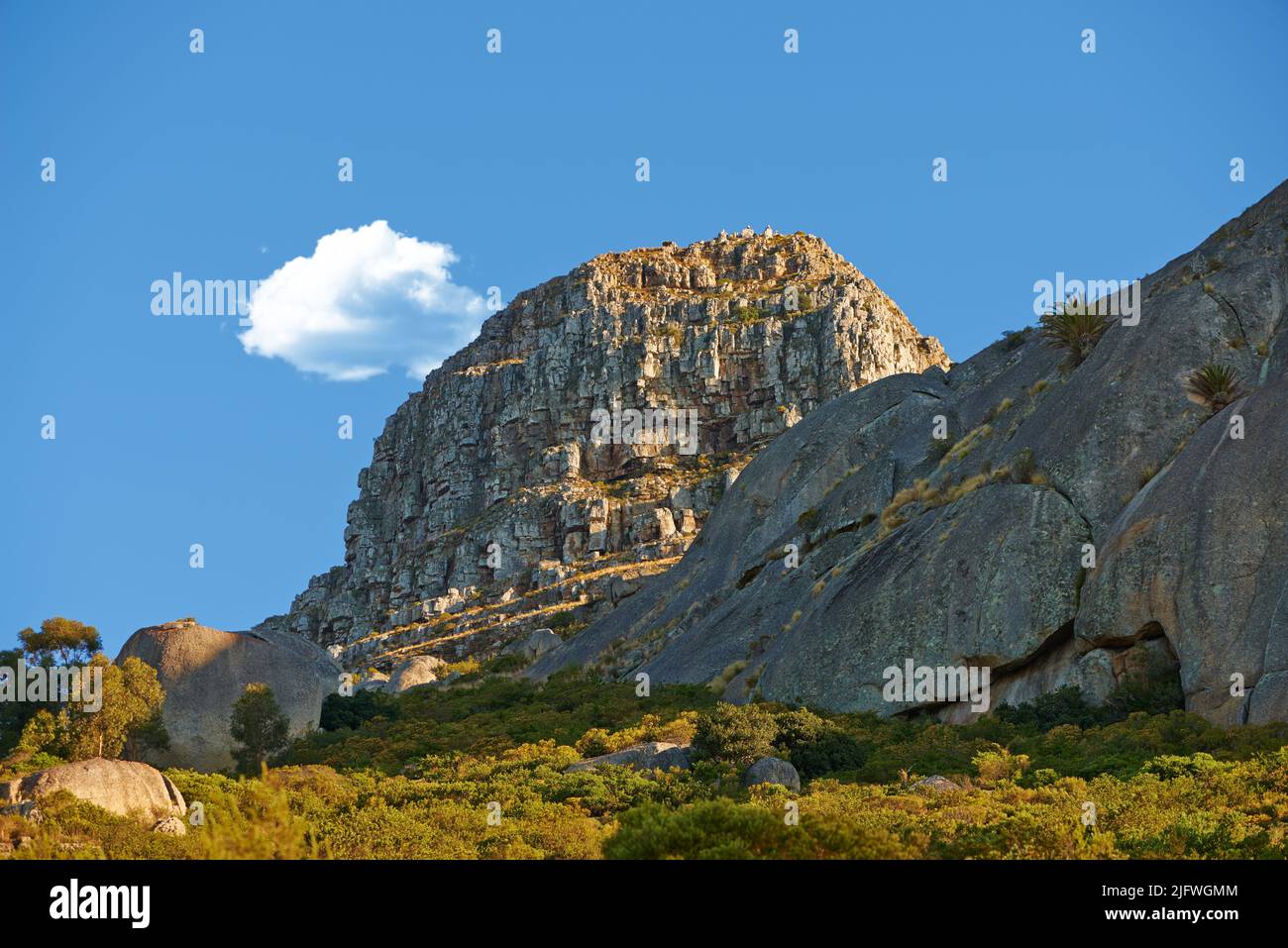 Paysage de la montagne de Lions Head au Cap, en Afrique du Sud, en été. Texture rocheuse sur une colline ou un sommet de montagne dans une zone de randonnée isolée contre le bleu Banque D'Images