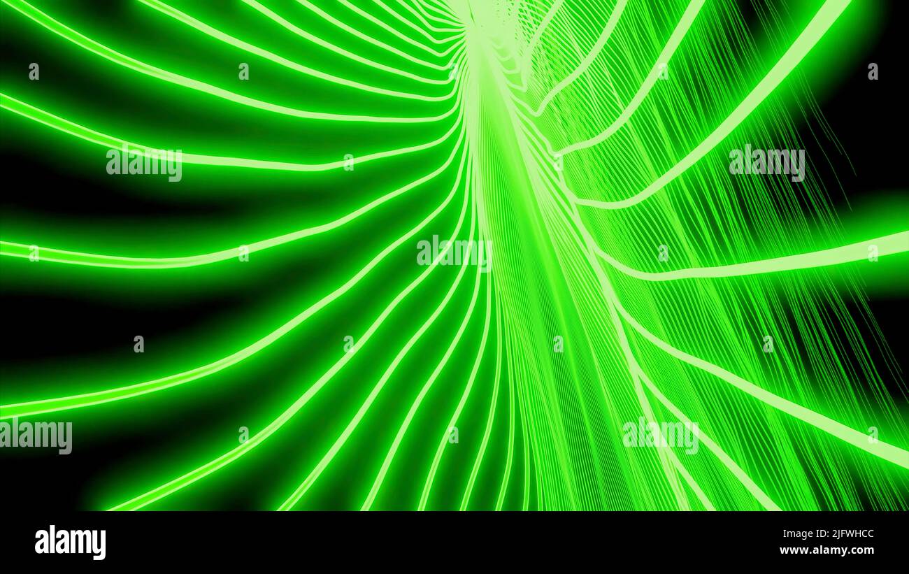 Résumé vert rayons de néon autour de l'énergie long noyau au milieu. Conception. Lignes d'épandage étroites sur fond noir Banque D'Images