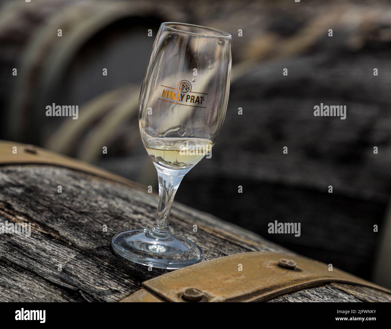 Dégustation de vin blanc lors d'une visite guidée de la société mère de Noilly Prat à Marseillan, France. Vieillissement d'une sélection de vins de base. Voici un Picpoul déjà âgé de sept mois. Après 12 mois, il est mélangé avec de la réserve douce. C'est seulement alors que la macération avec des herbes et des épices pour le produit final vermouth. Noilly Prat est le premier vermouth français Banque D'Images