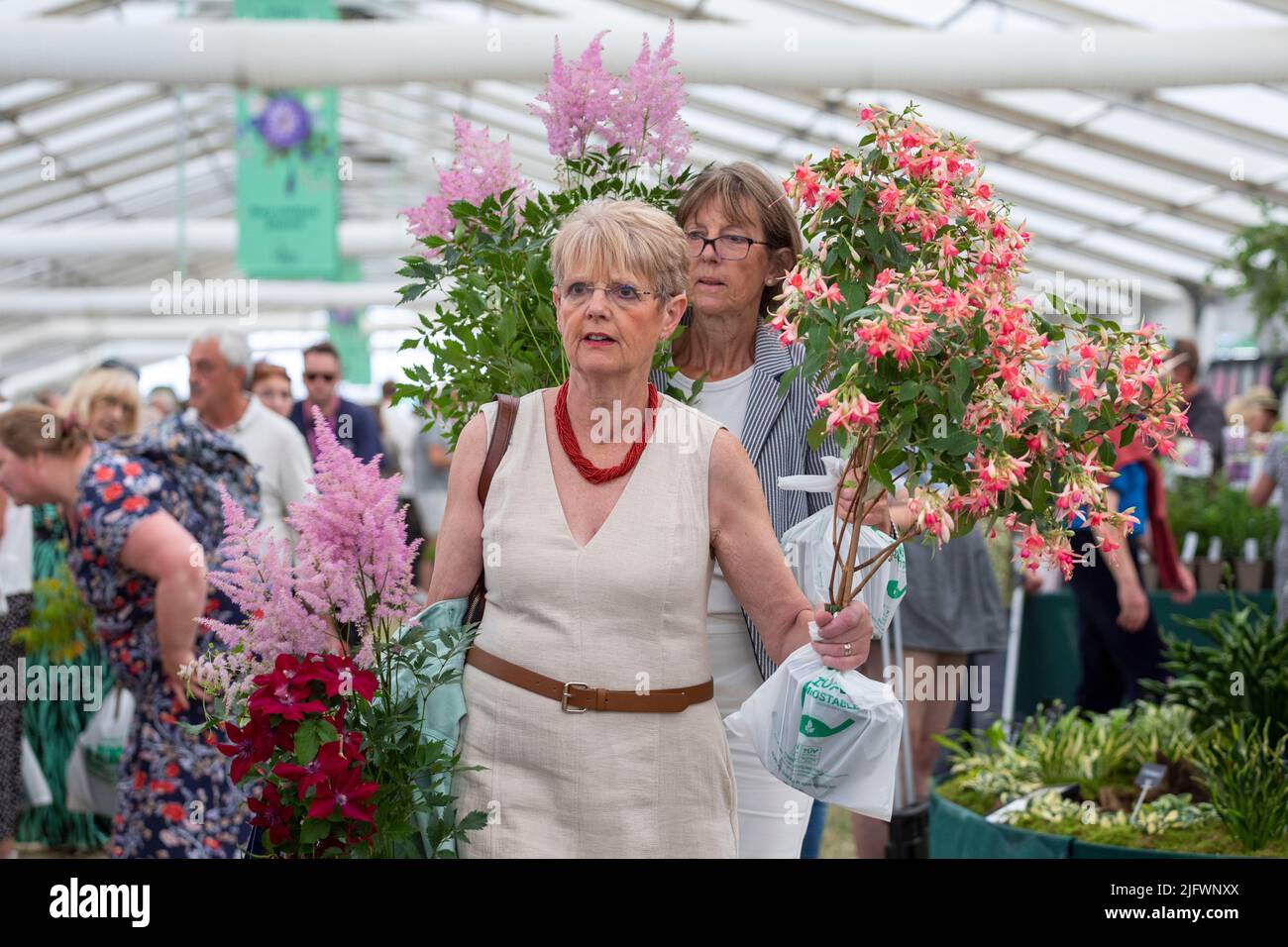 Le salon RHS Hampton court Palace Garden Flower 2022 ouvre aujourd'hui et se déroule jusqu'au samedi 9th juillet. Photo : visiteurs qui regardent et pointent vers des fleurs Banque D'Images