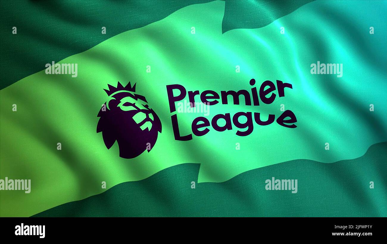 Logo anglais de la Premier League EPL et drapeau de spéléologie. Mouvement. Drapeau vert avec lion violet et couronne. Pour usage éditorial uniquement Banque D'Images